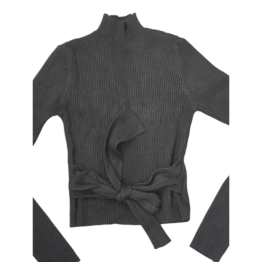Petal + Pup Black Ribbed Mock Neck Tie Front Long Sleeve Sweater M/L